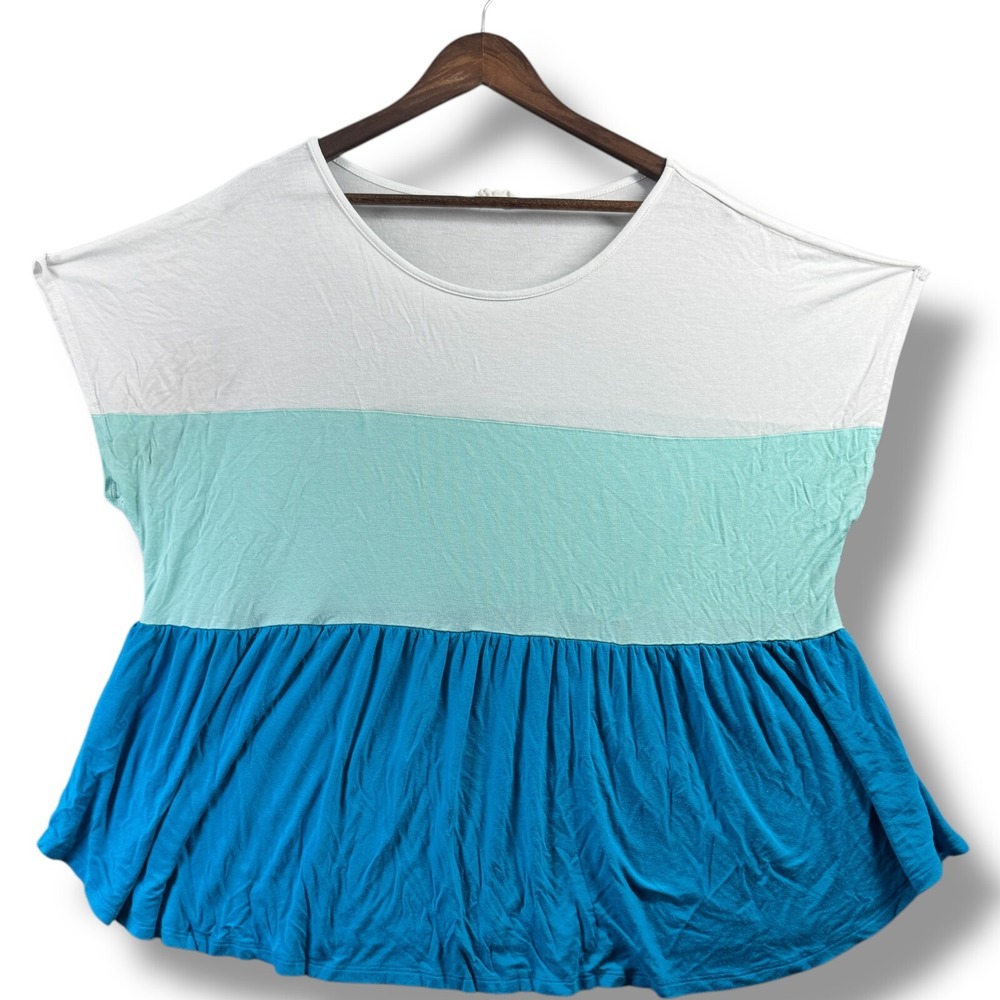 Be Stage Womens 3XL Blue White Color Block Swing Tunic Top Cap Sleeve Blouse